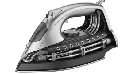 Detailed cutaway view of a modern electric steam iron showing internal components isolated on transparent background