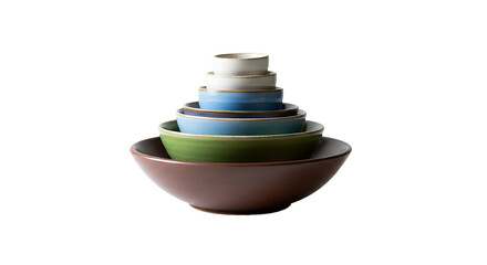 A stack of six ceramic bowls in graduated sizes and colors isolated on transparent background