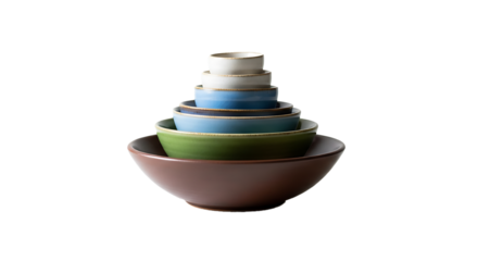 A stack of six ceramic bowls in graduated sizes and colors isolated on transparent background