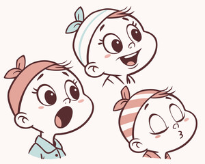 Three adorable baby faces with different expressions cartoon