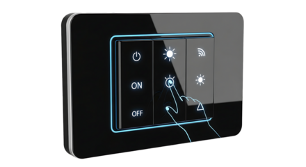 Modern black touchscreen light switch panel with illuminated icons and finger interaction isolated on transparent background