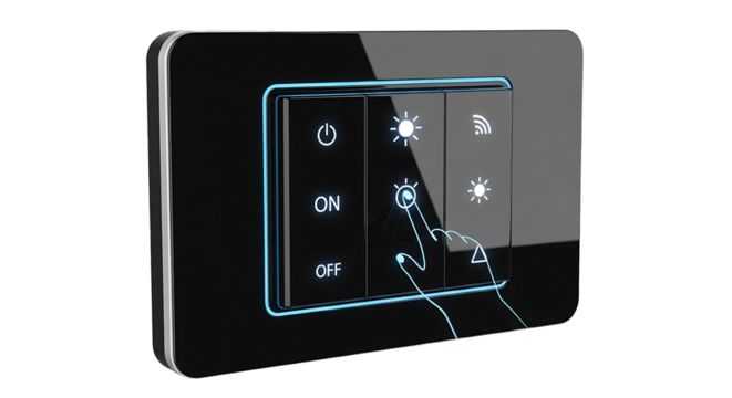 Modern black touchscreen light switch panel with illuminated icons and finger interaction isolated on transparent background