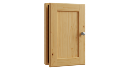 A closed light brown wooden door with a simple rectangular panel design and a silver knob isolated on transparent background