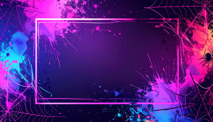 Neon purple rectangular frame with colorful paint splatter and spiderweb accents creating moody Halloween party backdrop