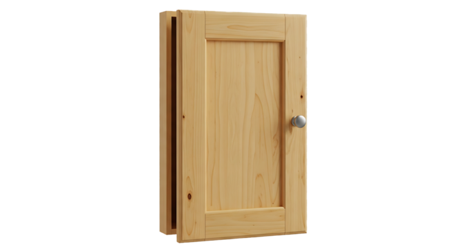 A closed light brown wooden door with a simple rectangular panel design and a silver knob isolated on transparent background