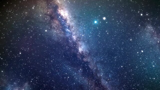 Slow flight in deep space. Blue starry night sky on a cosmic background. Travel through the Milky Way to distant galaxies and constellations.Smooth looping repetitive animation of deep space flight