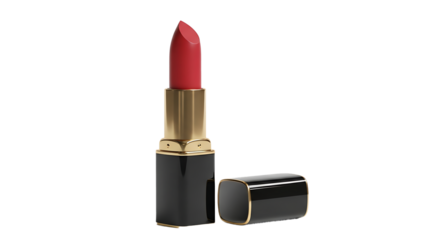 Luxurious red lipstick with gold accents and detached cap isolated on transparent background