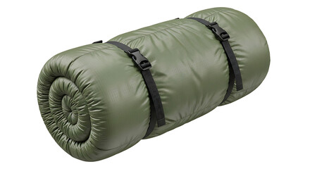 Rolled up olive green sleeping bag with compression straps for outdoor camping and hiking adventures isolated on transparent background