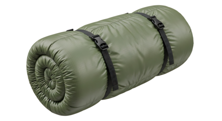 Rolled up olive green sleeping bag with compression straps for outdoor camping and hiking adventures isolated on transparent background