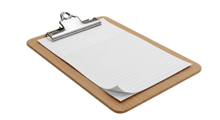 A wooden clipboard with a blank white paper sheet held by a silver clip isolated on transparent background
