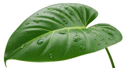Vibrant green heart shaped philodendron leaf with water droplets isolated on transparent background