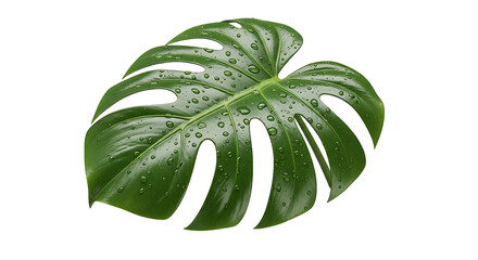 A single vibrant green monstera deliciosa leaf with water droplets glistening isolated on transparent background