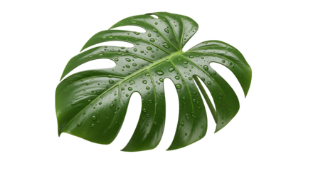 A single vibrant green monstera deliciosa leaf with water droplets glistening isolated on transparent background