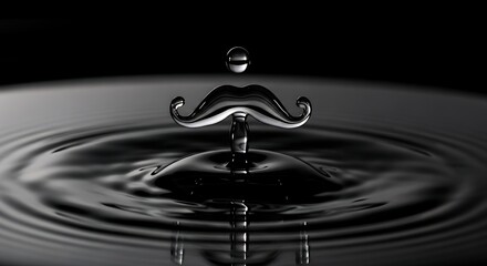 Black Liquid Drop Splash with Mustache Shape on Water Surface in Dark Background