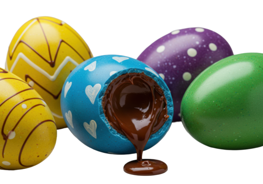 Artisanal, vibrantly painted chocolate Easter eggs, blue one bitten revealing dark ganache, with yellow, purple, green eggs, isolated on transparent, luxurious product photography