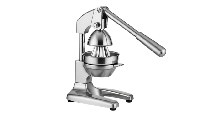 Shiny metal manual citrus juicer with lever action for fresh fruit juice extraction isolated on transparent background
