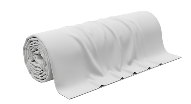 Rolled up white fabric textile material with serrated edge isolated on transparent background