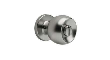 A polished silver round doorknob with a keyed lock mechanism isolated on transparent background