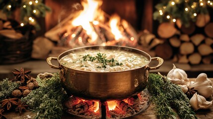 Cozy scene steaming soup near fireplace, logs, lights, & greenery on rustic table