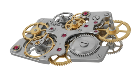 Intricate mechanical watch movement with gears and jewels isolated on transparent background