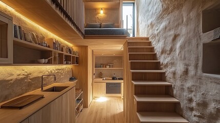 Cozy, small, rustic cabin with wooden accents