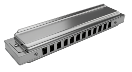 A close up view of a shiny silver harmonica musical instrument isolated on transparent background