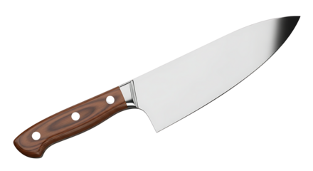 Sharp stainless steel chef knife with wooden handle isolated on transparent background