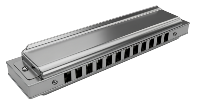 A close up view of a shiny silver harmonica musical instrument isolated on transparent background