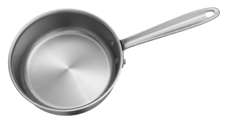 Shiny brushed stainless steel saucepan with long handle isolated on transparent background