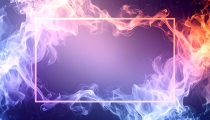 Smoky abstract frame purple background with blue and orange smoke swirl, elegant mystical atmosphere, soft gradient glow