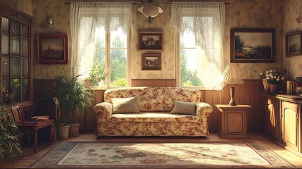 Cozy, sun-drenched vintage room with floral sofa