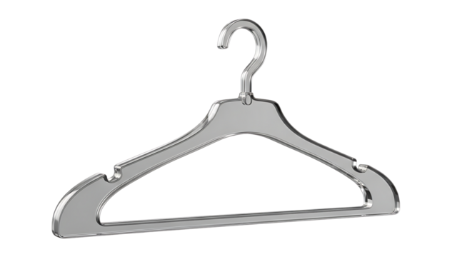 A single clear plastic clothes hanger with a curved hook and notched shoulders isolated on transparent background