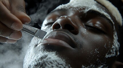Cryotherapy facial treatment; close-up of a man receiving a cold treatment