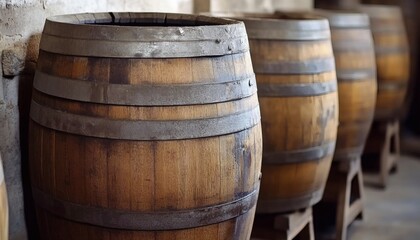 Fototapeta premium The image shows several large, aged wooden barrels with metal bands, standing upright on small wooden supports in what seems to be a wine cellar or similar storage facility.