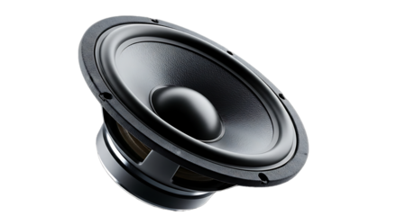 Close up of a black audio speaker driver with a textured cone and dust cap isolated on transparent background