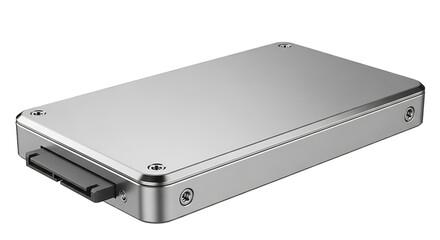 Sleek metallic rectangular electronic device with connector isolated on transparent background