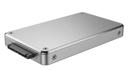 Sleek metallic rectangular electronic device with connector isolated on transparent background