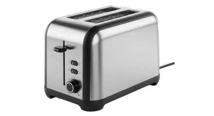 Modern stainless steel two slice toaster with control knobs and lever isolated on transparent background