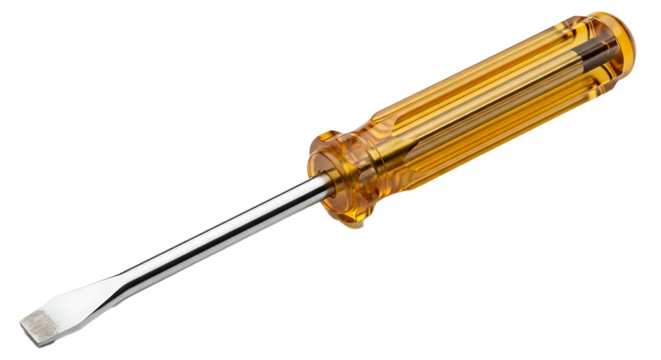A classic flathead screwdriver with a translucent amber handle isolated on transparent background