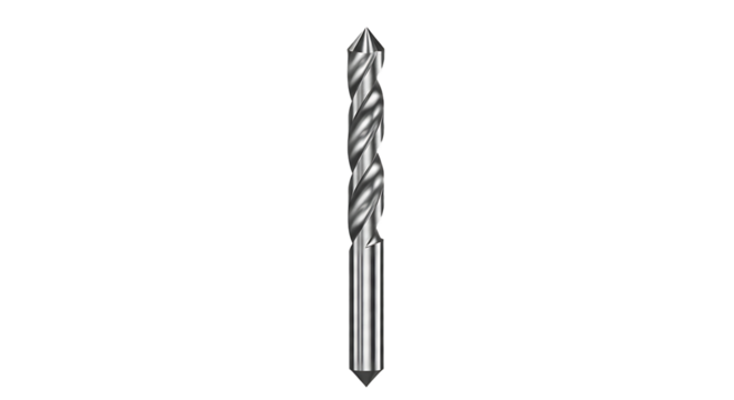 A sharp metal drill bit with a spiral flute design isolated on transparent background
