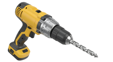 Yellow and black cordless power drill with a metal drill bit attached isolated on transparent background