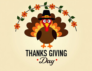 A friendly cartoon turkey proudly wears a pilgrim hat, standing cheerful under a festive arch of bright flowers for giving thanks.
