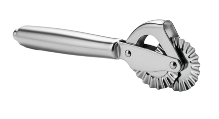 Shiny metal ravioli cutter with serrated wheel and ergonomic handle isolated on transparent background