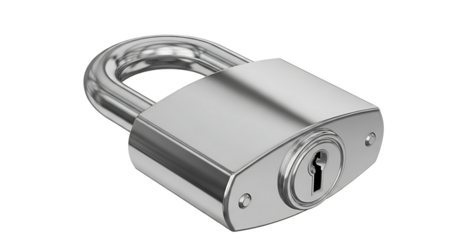 A shiny silver metal padlock with a keyhole is isolated on transparent background