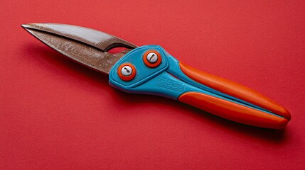 Child Safety Scissors with Blue and Orange Handles on Red Background