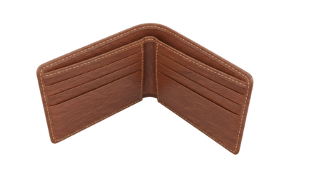 A classic brown leather bifold wallet with multiple card slots open and empty isolated on transparent background