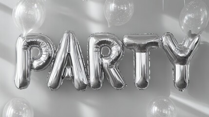 Silver Balloon Letters Spelling Party with Transparent Balloons and Soft Lighting