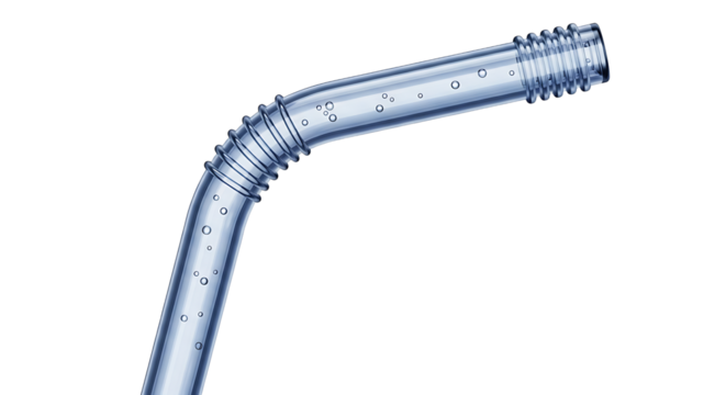 Close up of a clear plastic drinking straw with water droplets inside isolated on transparent background