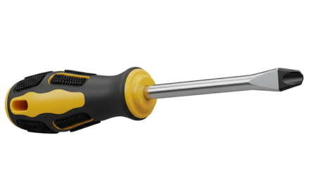 A sturdy flathead screwdriver with a black and yellow ergonomic grip isolated on transparent background