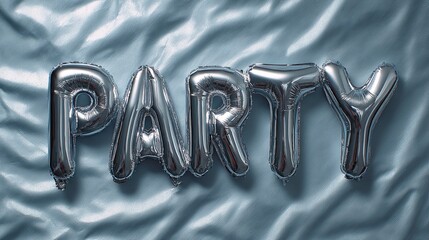Silver Balloon Letters Spelling Party on Shiny Satin Fabric Background